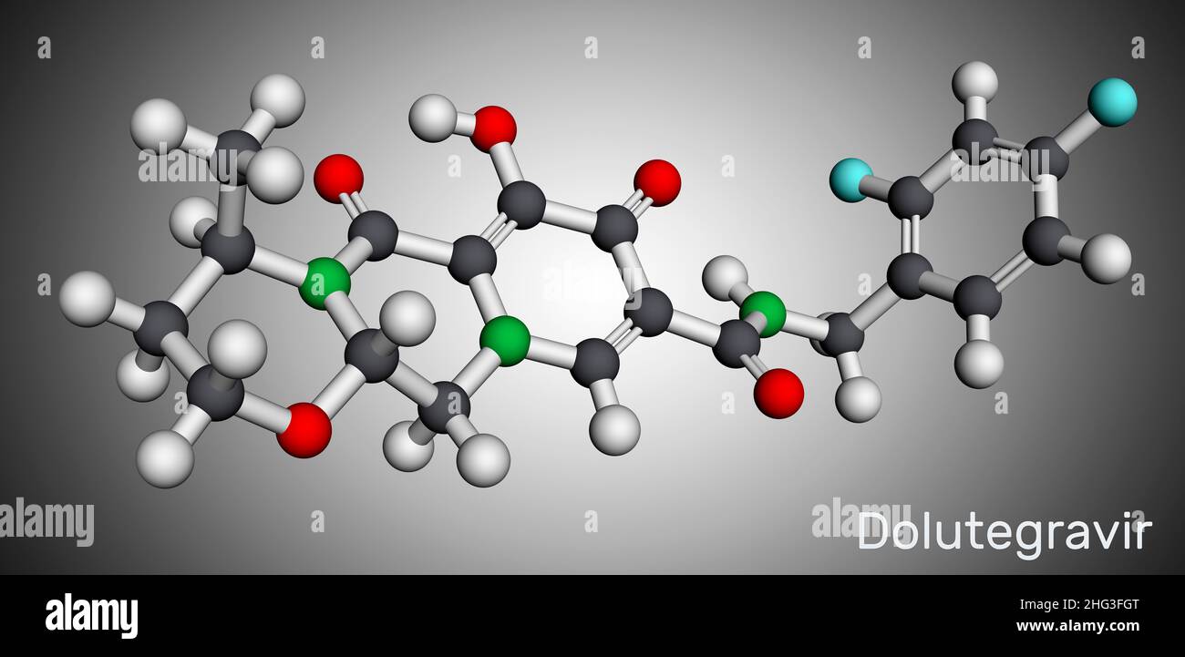 Dolutegravirе, molecule. It is antiviral agent used for the treatment of human immunodeficiency virus type 1, HIV-1 infections. Molecular model. 3D re Stock Photo