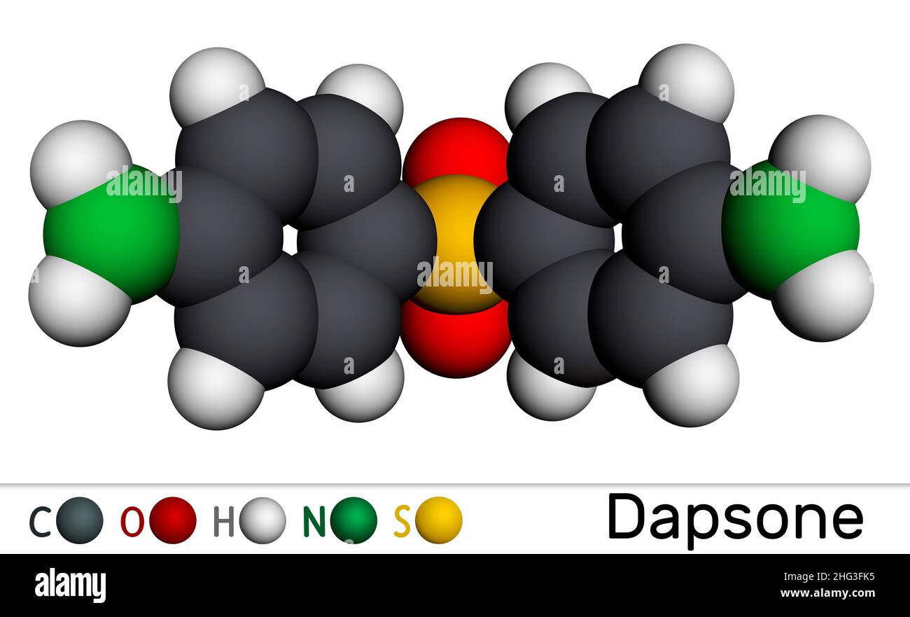 Dapsone, diaminodiphenyl sulfone, DDS molecule. It is sulfone antibiotic for the treatment of leprosy and dermatitis herpetiformis. Molecular model. 3 Stock Photo