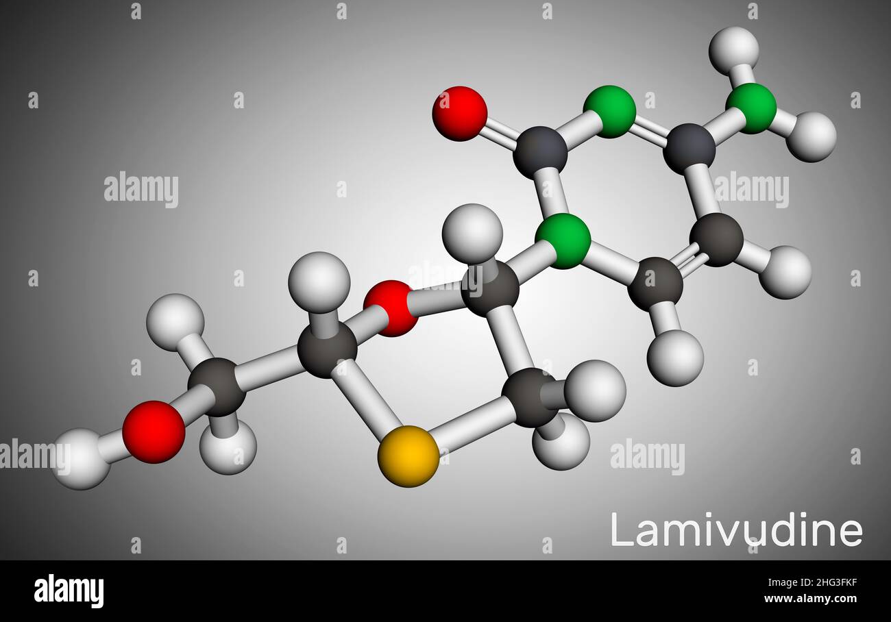 Lamivudine, 3TC molecule. It is used to treat human Immunodeficiency virus HIV and hepatitis B infections (HBV). Molecular model. 3D rendering. Illust Stock Photo