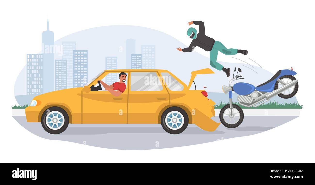 Motorcycle road accident, vector illustration. Motorbike collision with  car. Motor vehicle crash, injured motorcyclist Stock Vector Image & Art -  Alamy