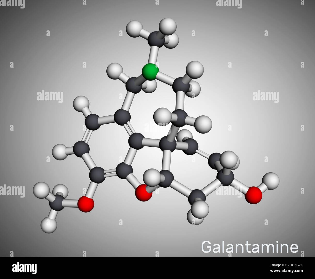 Galantamine, molecule. It is tertiary alkaloid, used to trate dementia, Alzheimer's disease. Molecular model. 3D rendering. Illustration Stock Photo