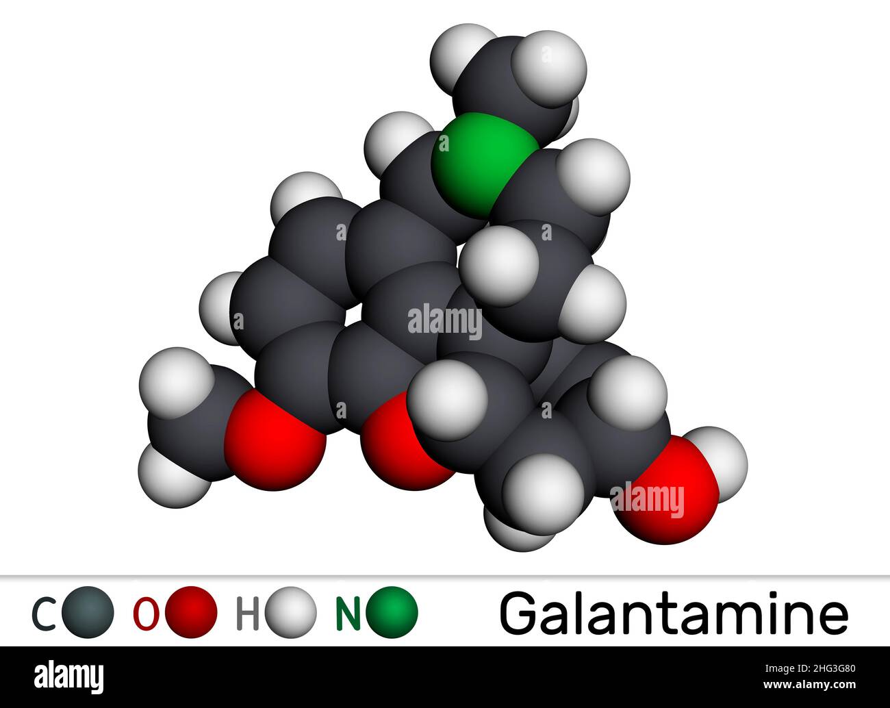 Galantamine, molecule. It is tertiary alkaloid, used to trate dementia, Alzheimer's disease. Molecular model. 3D rendering. Illustration Stock Photo