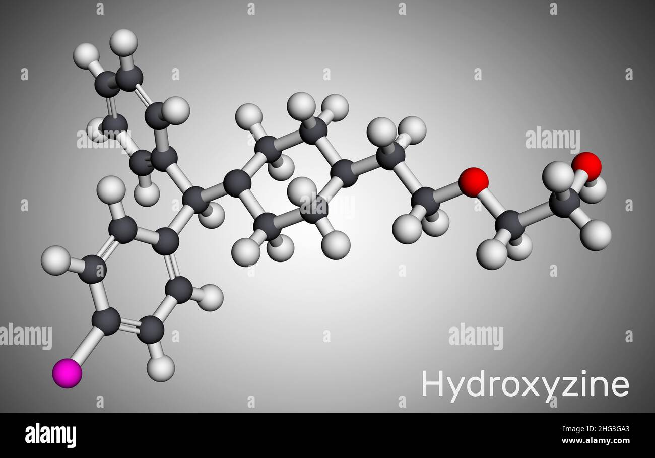 Hydroxyzine molecule. It is antihistamine drug, used to treat anxiety and  tension, as well as pruritus and chronic urticaria. Molecular model. 3D ren  Stock Photo - Alamy