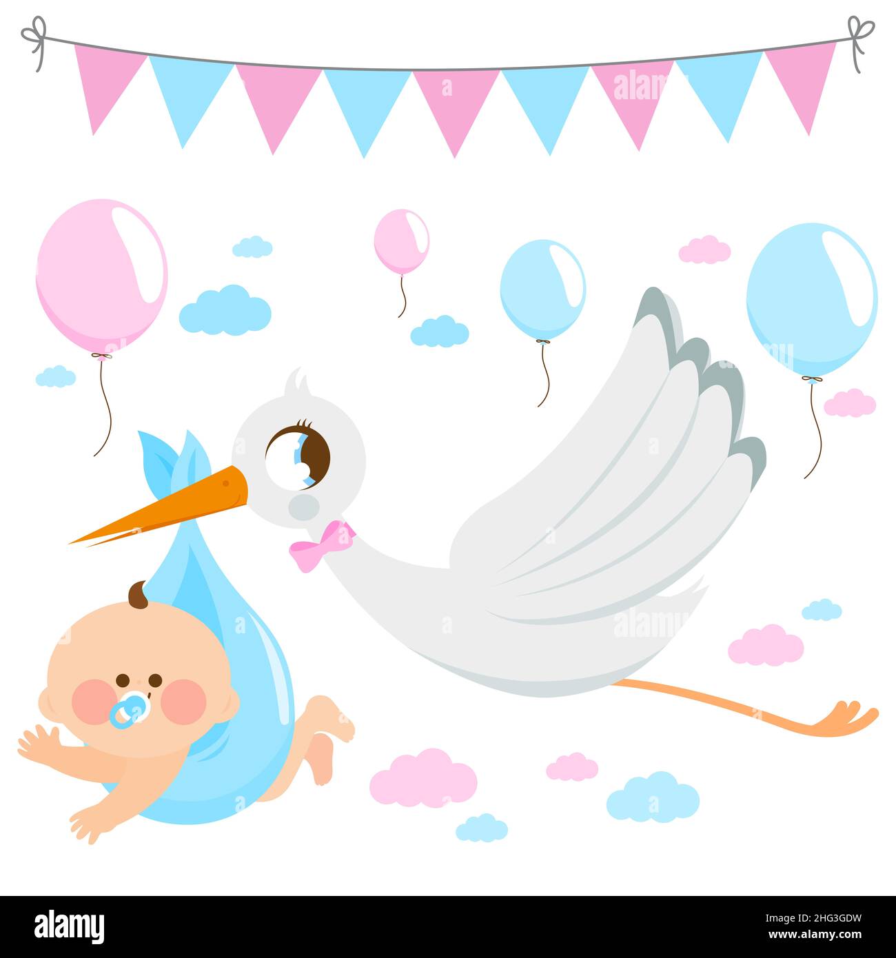 Stork delivering a new baby. Illustration collection Stock Photo