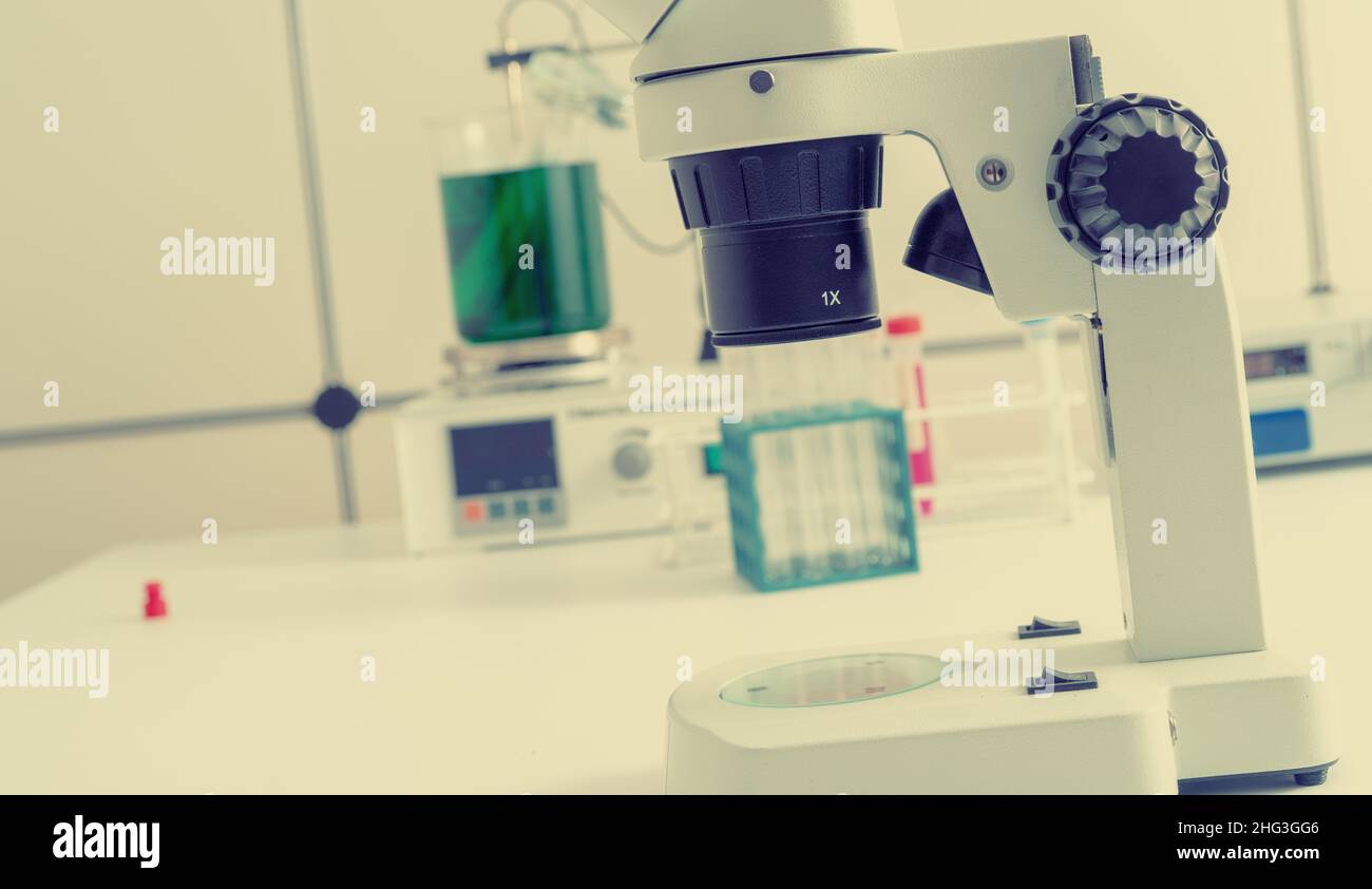 Microscope in a scientific microbiology laboratory of a medical clinic ...