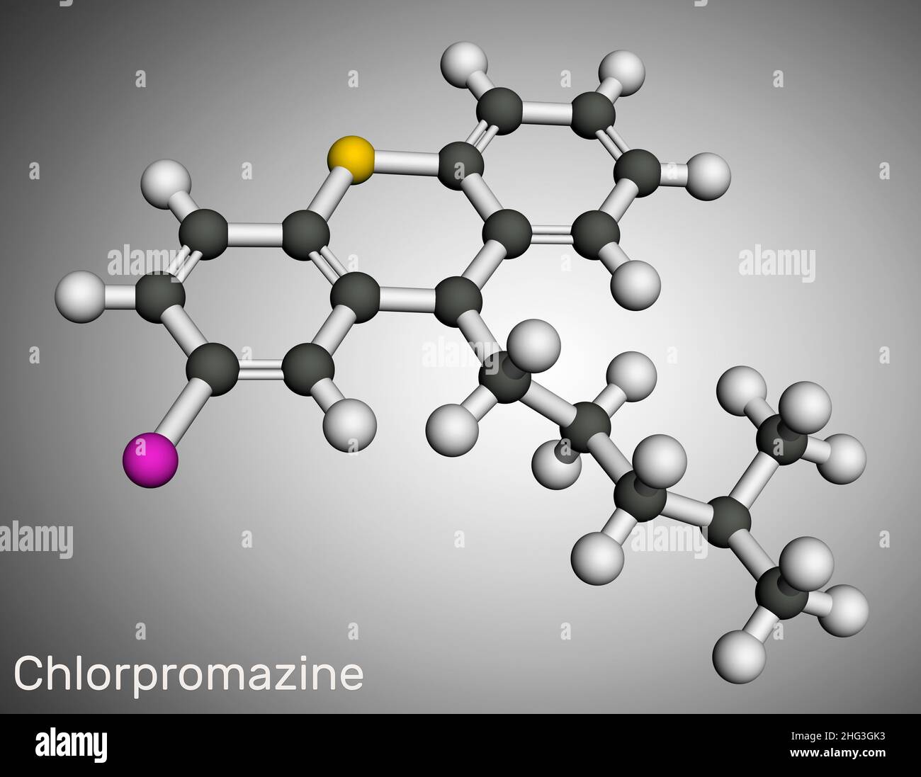 Chlorpromazine, CPZ molecule. Phenothiazine antipsychotic, used to ...