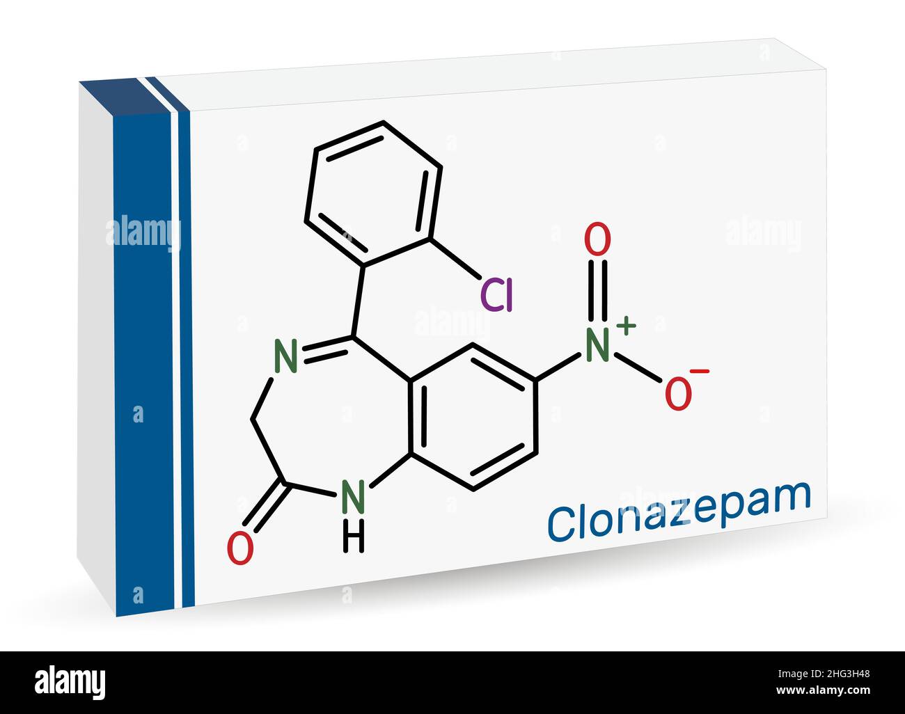 Clonazepam molecule. It is benzodiazepine, anticonvulsant, used to treat panic disorders, severe anxiety, seizures. Skeletal chemical formula. Paper p Stock Vector