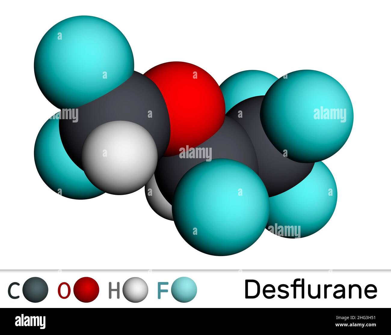 Desflurane molecule. It is organofluorine compound, inhalation anaesthetic. Molecular model. 3D rendering. Illustration Stock Photo
