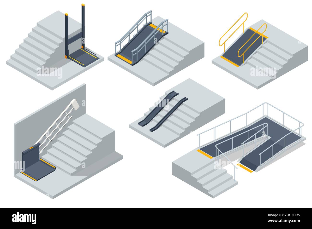 Isometric Ramp for wheelchair entry. Concret ramp way with steel handrail. Ramp way for support