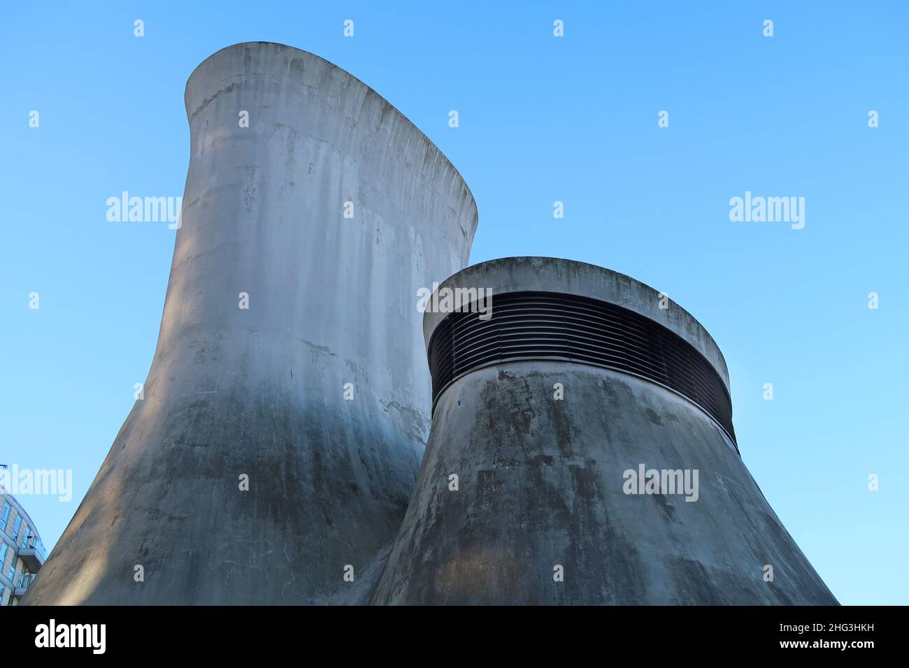 Concrete vents to the Blackwall Tunnel. Formed of Gunnite sprayed concrete. Designed by Sir Terry Farrell as a young architect at the GLC. Stock Photo
