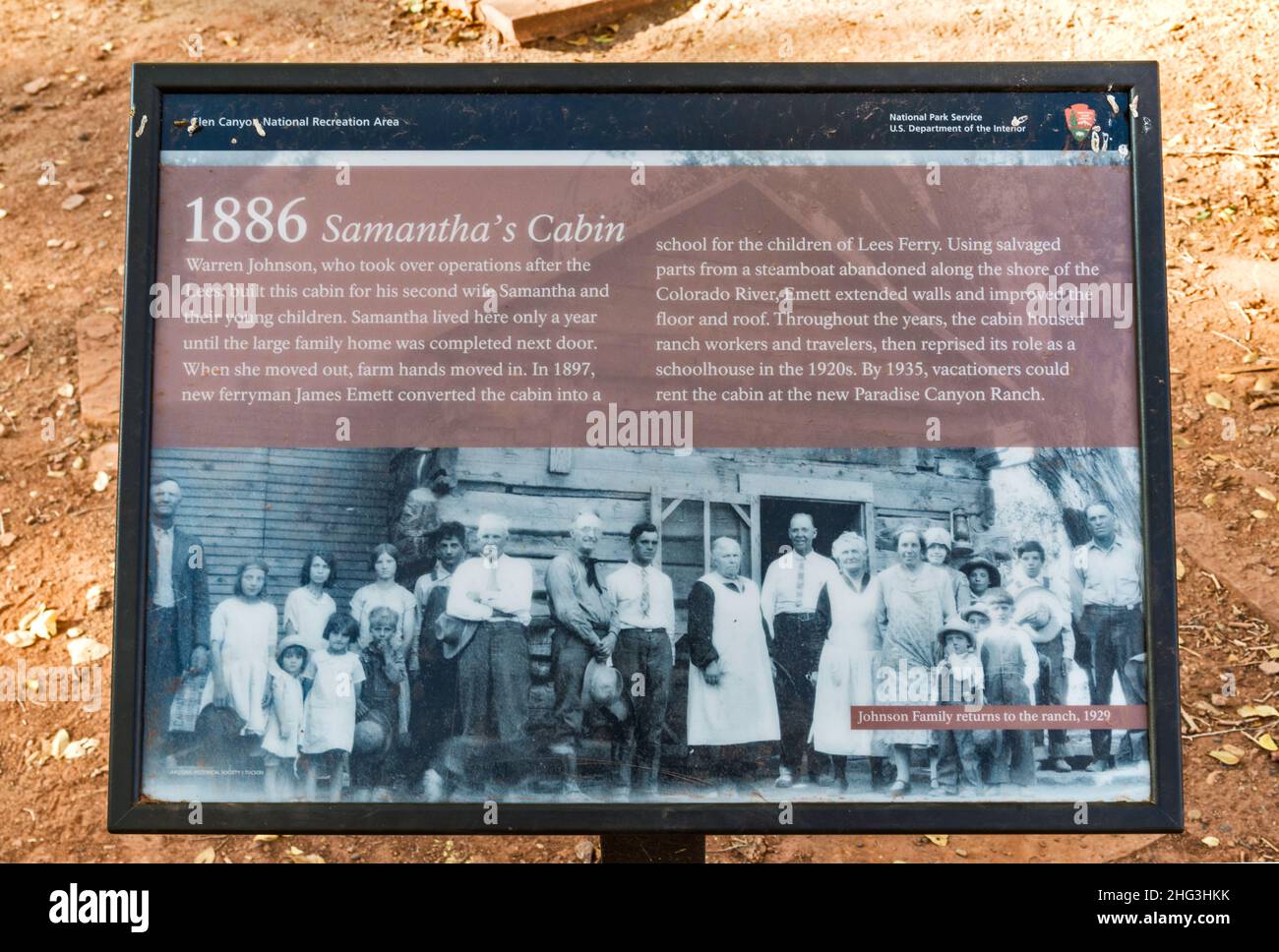 Old photo at information board at Samantha's Cabin, Lonely Dell Ranch, Paria Canyon, near Lees Ferry, Glen Canyon National Recreation Area, Arizona Stock Photo