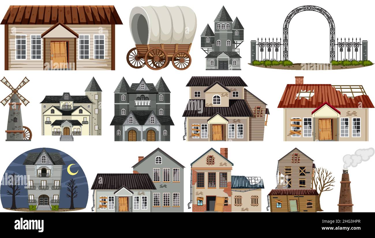Set of abandoned houses and buildings illustration Stock Vector Image ...