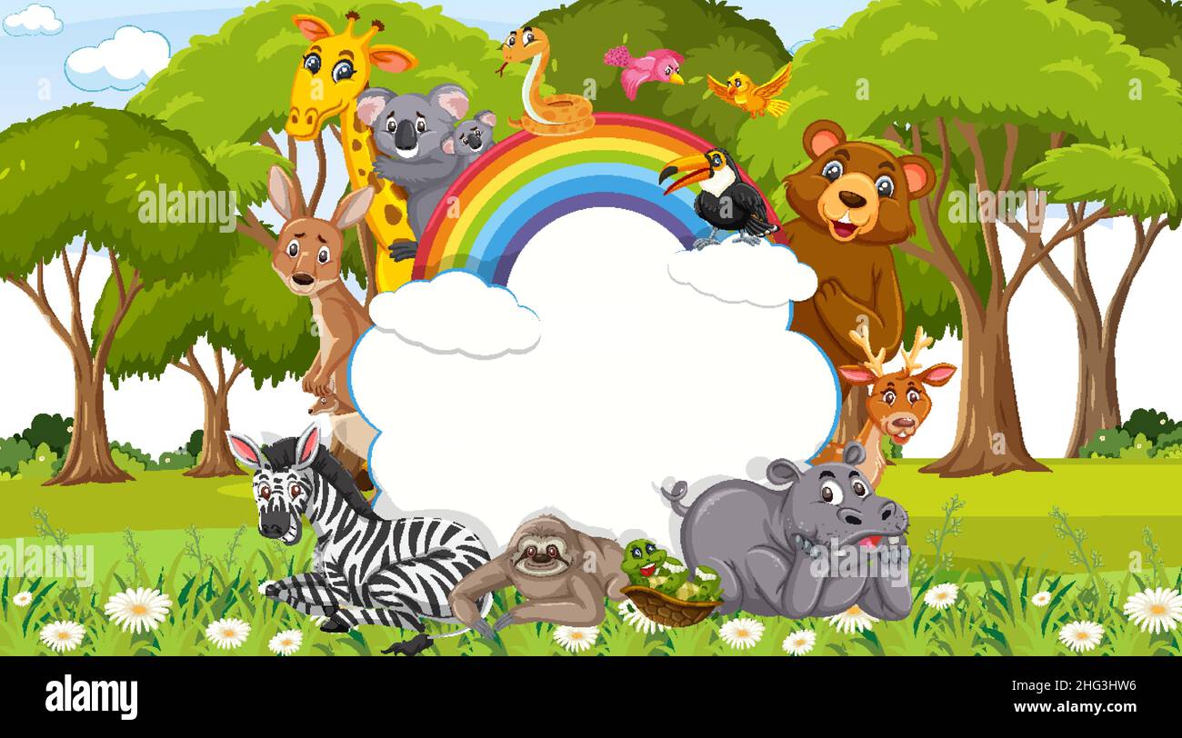 Empty banner with various wild animals in the park illustration Stock ...