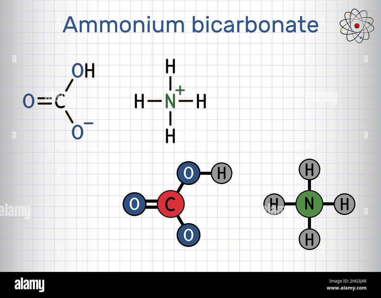 Ammonium bicarbonate, NH4HCO3, bicarbonate of ammonia, ammonium hydrogen carbonate molecule. It is food additive, Е503. Structural formula, molecule m Stock Vector
