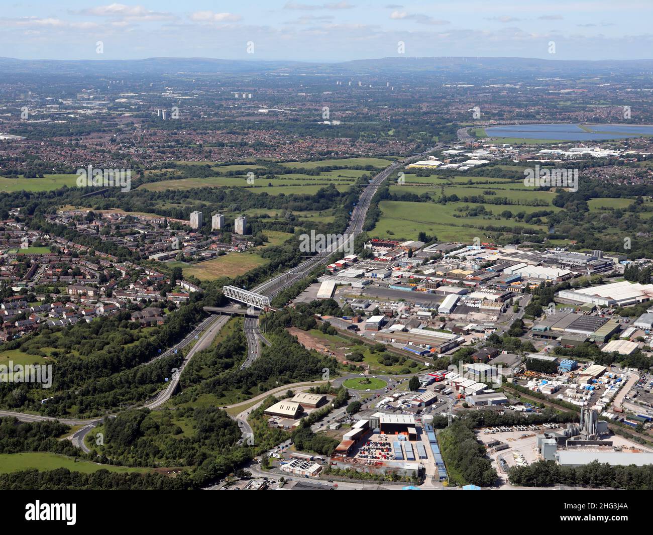 aerial view of Bredbury, Manchester looking North up the M60 motorway Stock Photo