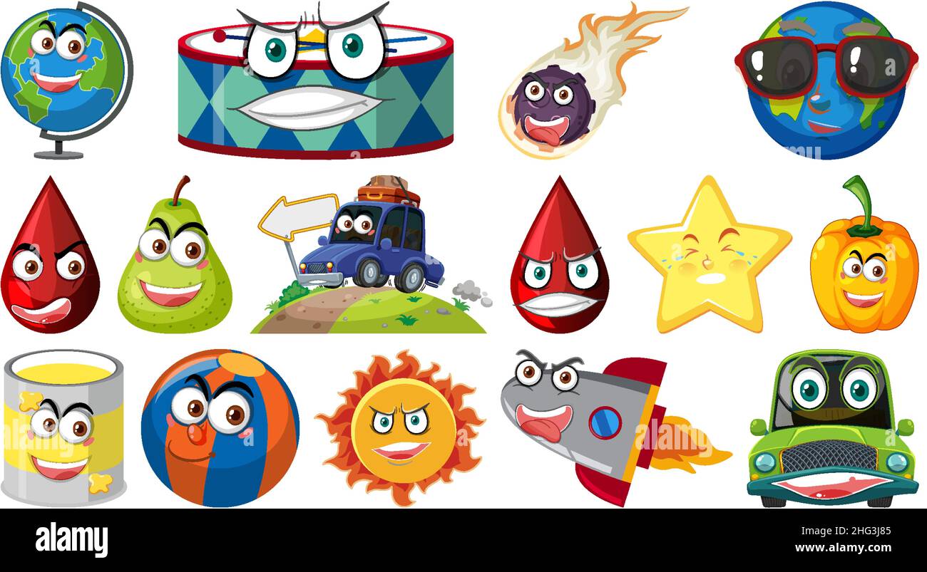 Set of different toy objects with smiley faces illustration Stock Vector