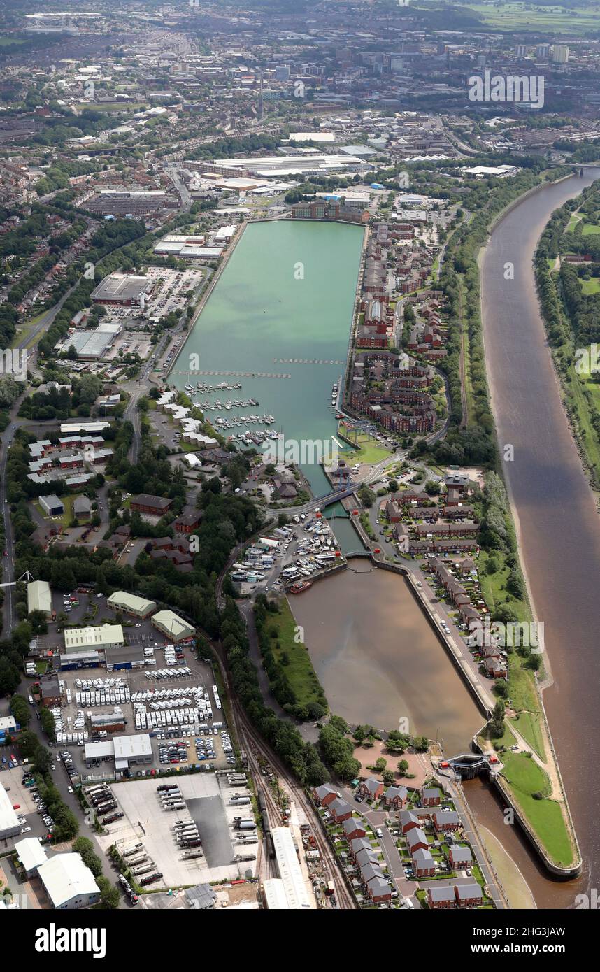 aerial view of Preston Docks and Marina from the West looking East towards Preston city centre Stock Photo