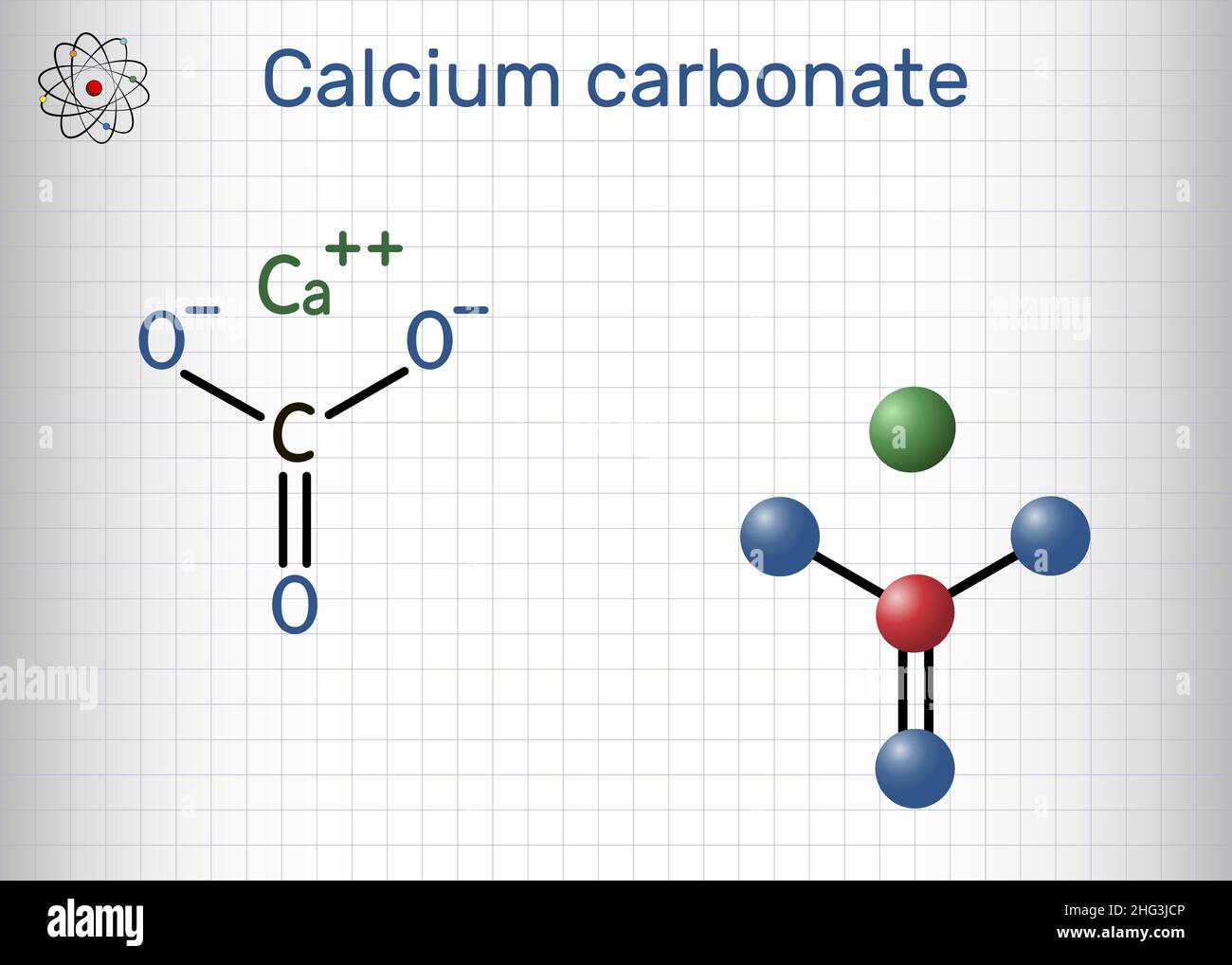 Calcium carbonate molecule. It is ionic compound, carbonic salt of calcium CaCO3, calcium salt, food additive E170. Structural formula, molecule model Stock Vector
