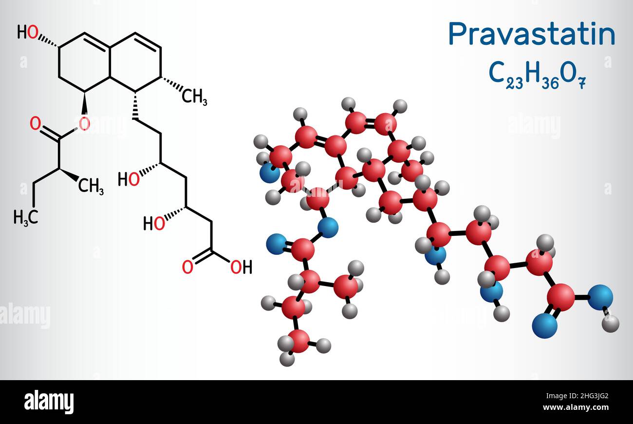 Pravastatin molecule. Statin, anticholesteremic drug, used to lower lipid levels, to reduce the risk of myocardial infarction, stroke. Structural chem Stock Vector