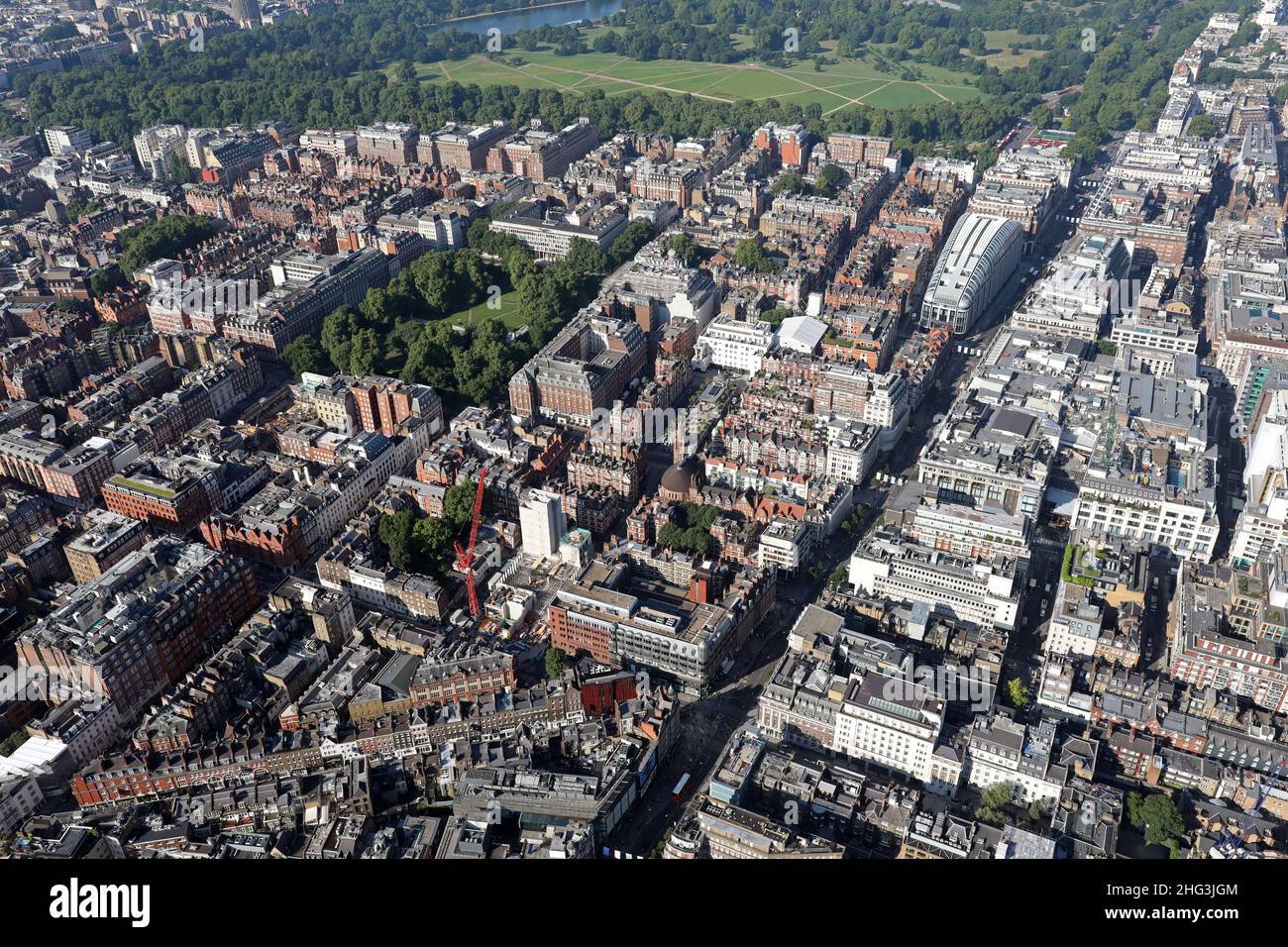 aerial view looking West down Oxford Street (at about Bond Street Tube Station) towards Marble Arch &Hyde Park, London W1 Stock Photo