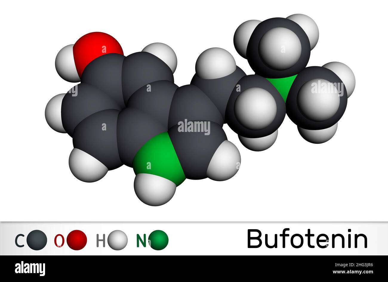 Bufotenin alkaloid molecule. It is tryptamine derivative, hallucinogenic serotonin analog, found in toad skins, mushrooms. Molecular model. 3D renderi Stock Photo
