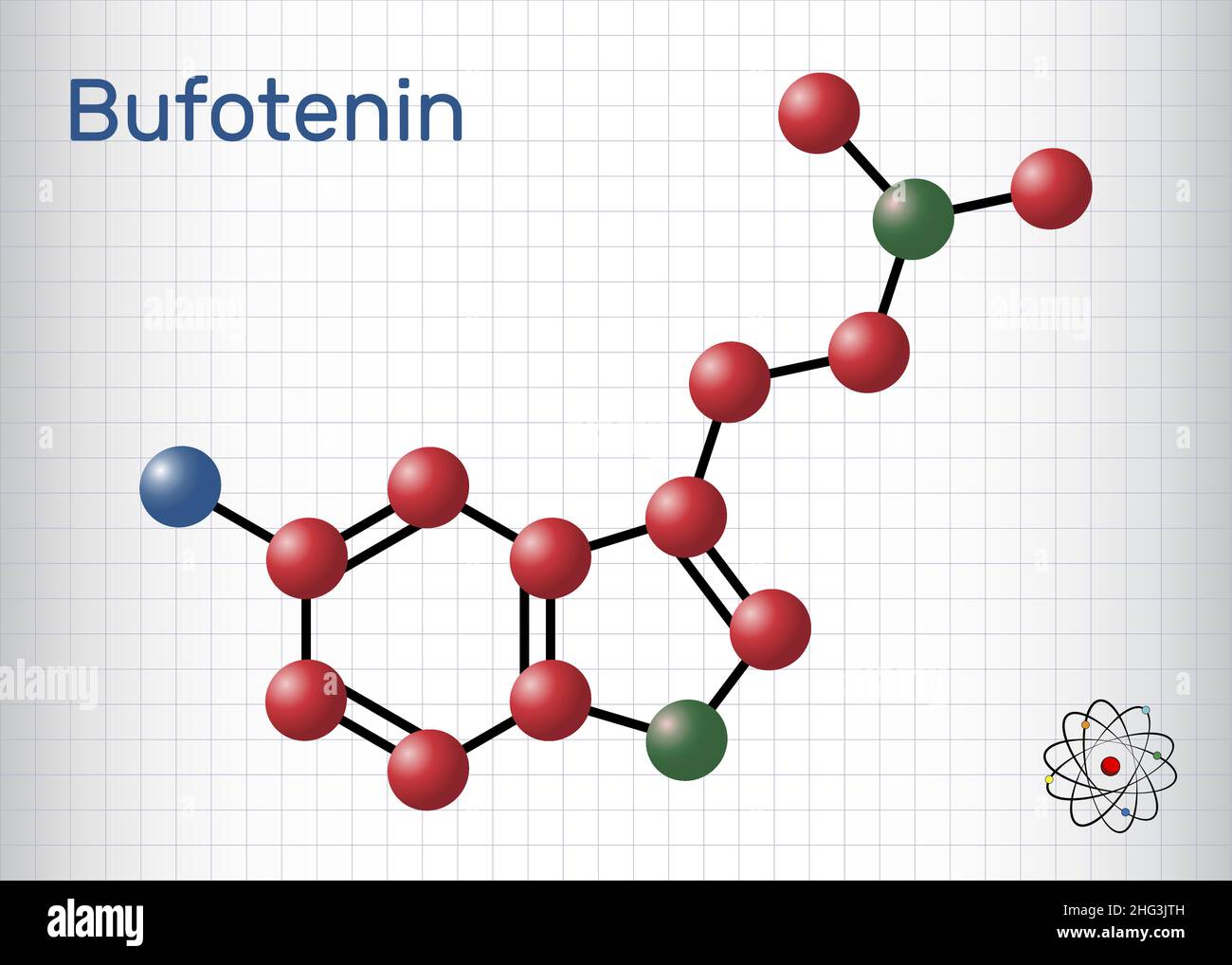 Bufotenin, 5-HO-DMT, bufotenine molecule. It is alkaloid, tryptamine derivative, hallucinogenic serotonin analog, found in toad skins, mushrooms. Shee Stock Vector