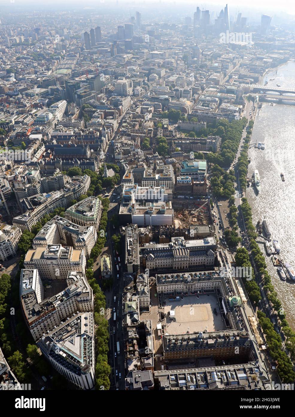aerial view of The Strand looking east along the Thames, London. Somerset House, Courtauld Gallery & Kings College are in the immediate foreground Stock Photo