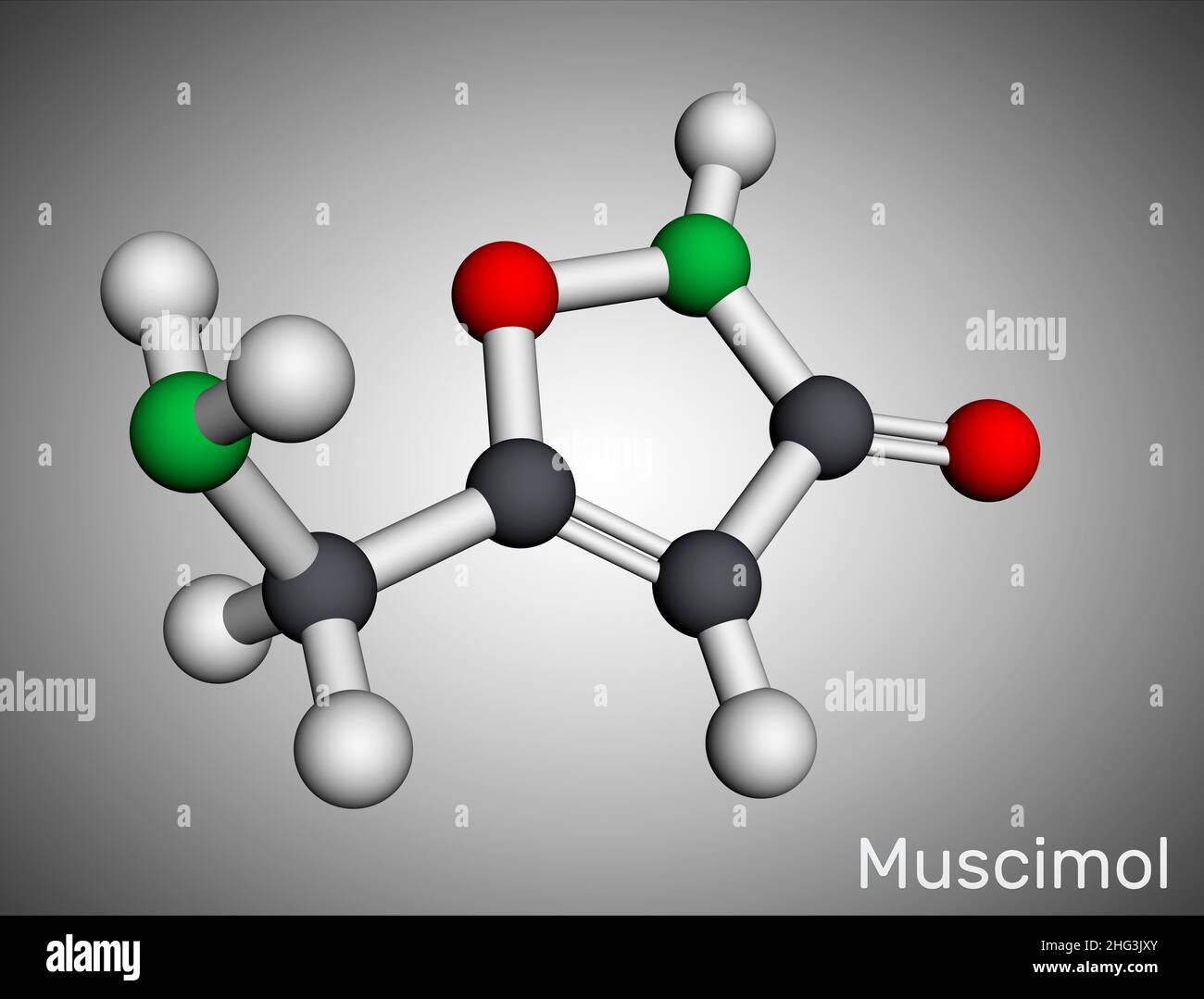 Muscimol, agarin, pantherine molecule. It is the main psychoactive component of the Amanita muscaria, red fly agaric and related species of mushrooms. Stock Photo