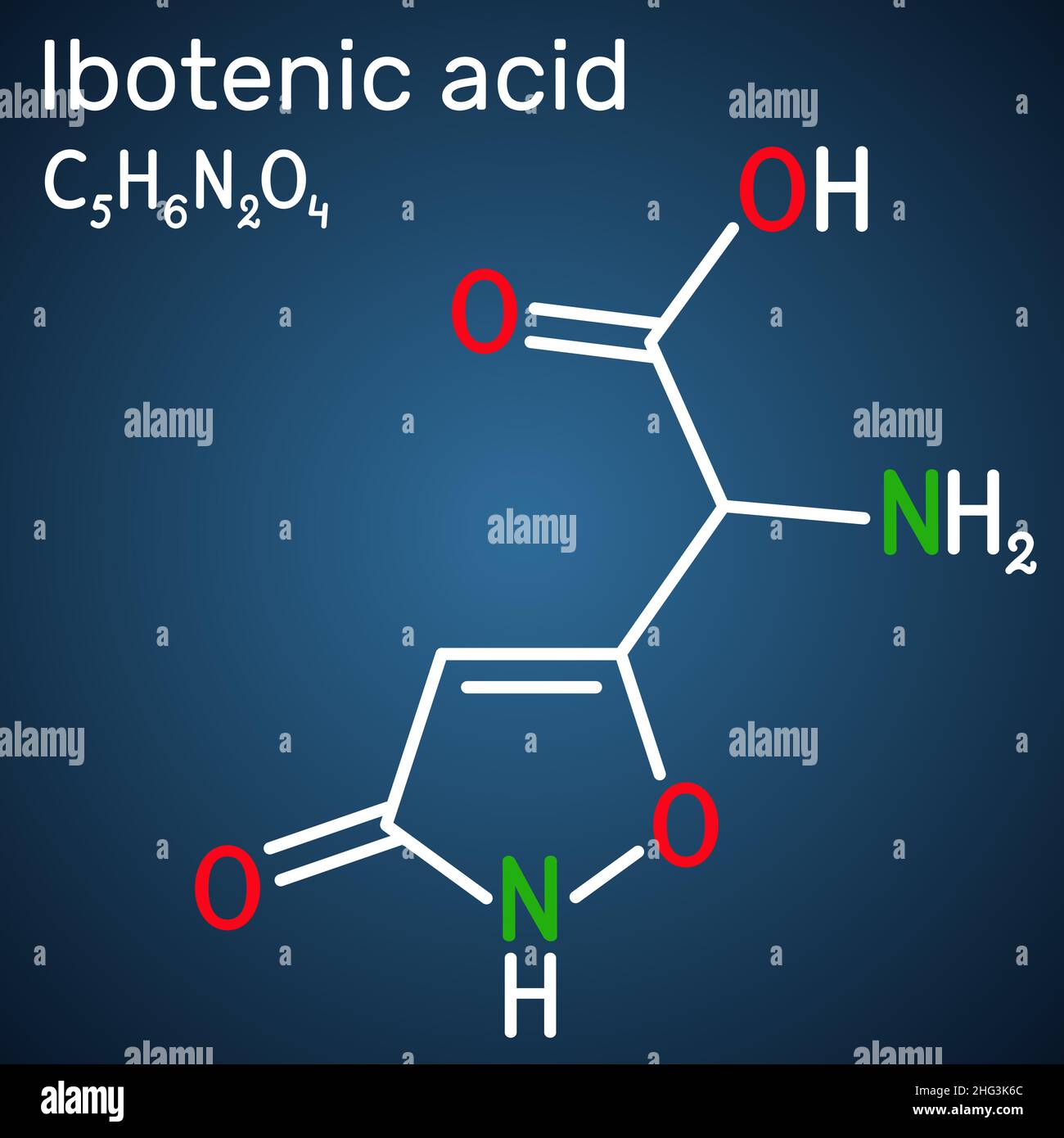 Ibotenic acid psychoactive drug molecule. It is non-proteinogenic alpha-amino acid, neurotoxin. Is found in AMANITA mushrooms. Structural chemical for Stock Vector