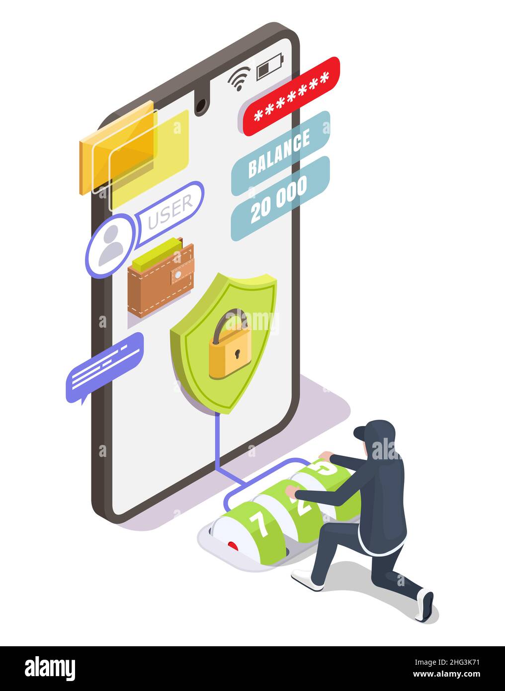 Password guessing hacking attack. Hacker stealing money, personal data from mobile device, vector isometric illustration Stock Vector