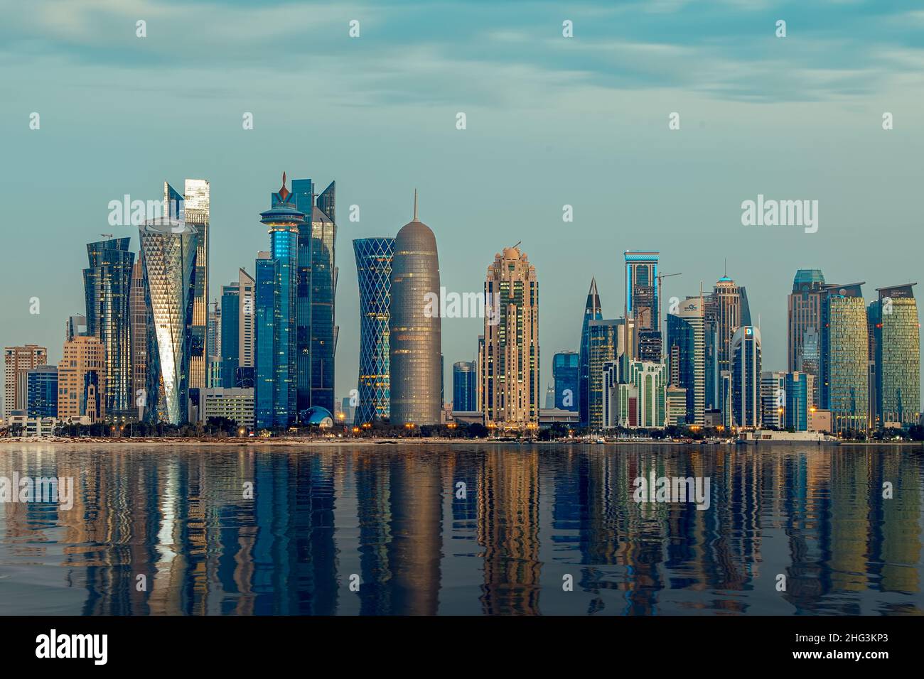 Color graded Doha Skyline view early morning Stock Photo