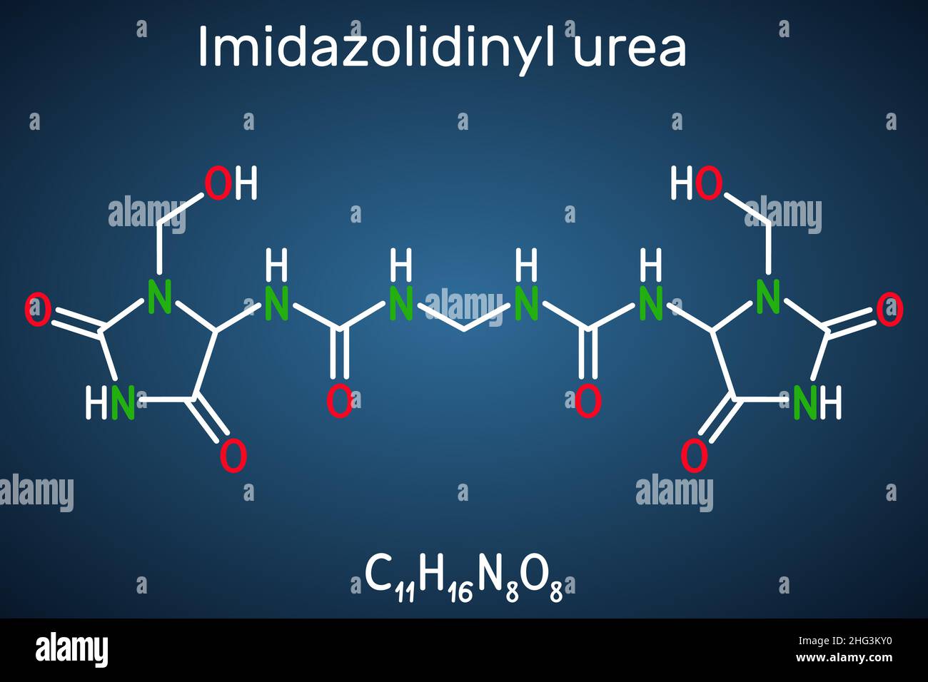 Imidazolidinyl urea, imidurea molecule. It is antimicrobial preservative used in cosmetics, formaldehyde releaser. Structural chemical formula on the Stock Vector