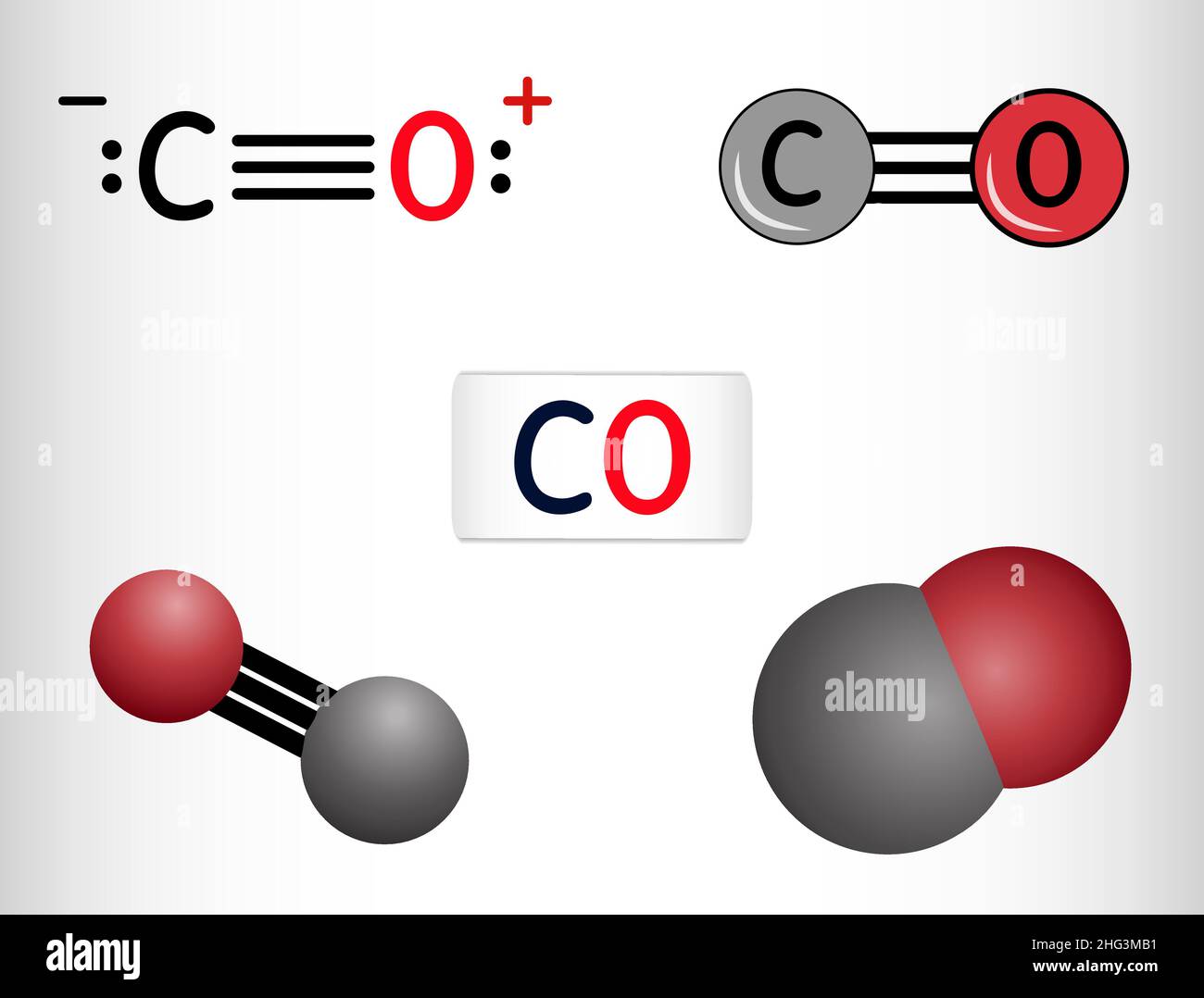 Carbon monoxide, CO molecule. Сarbon and oxygen atoms are connected by a triple bond. Structural chemical formula and molecule model. Vector illustrat Stock Vector