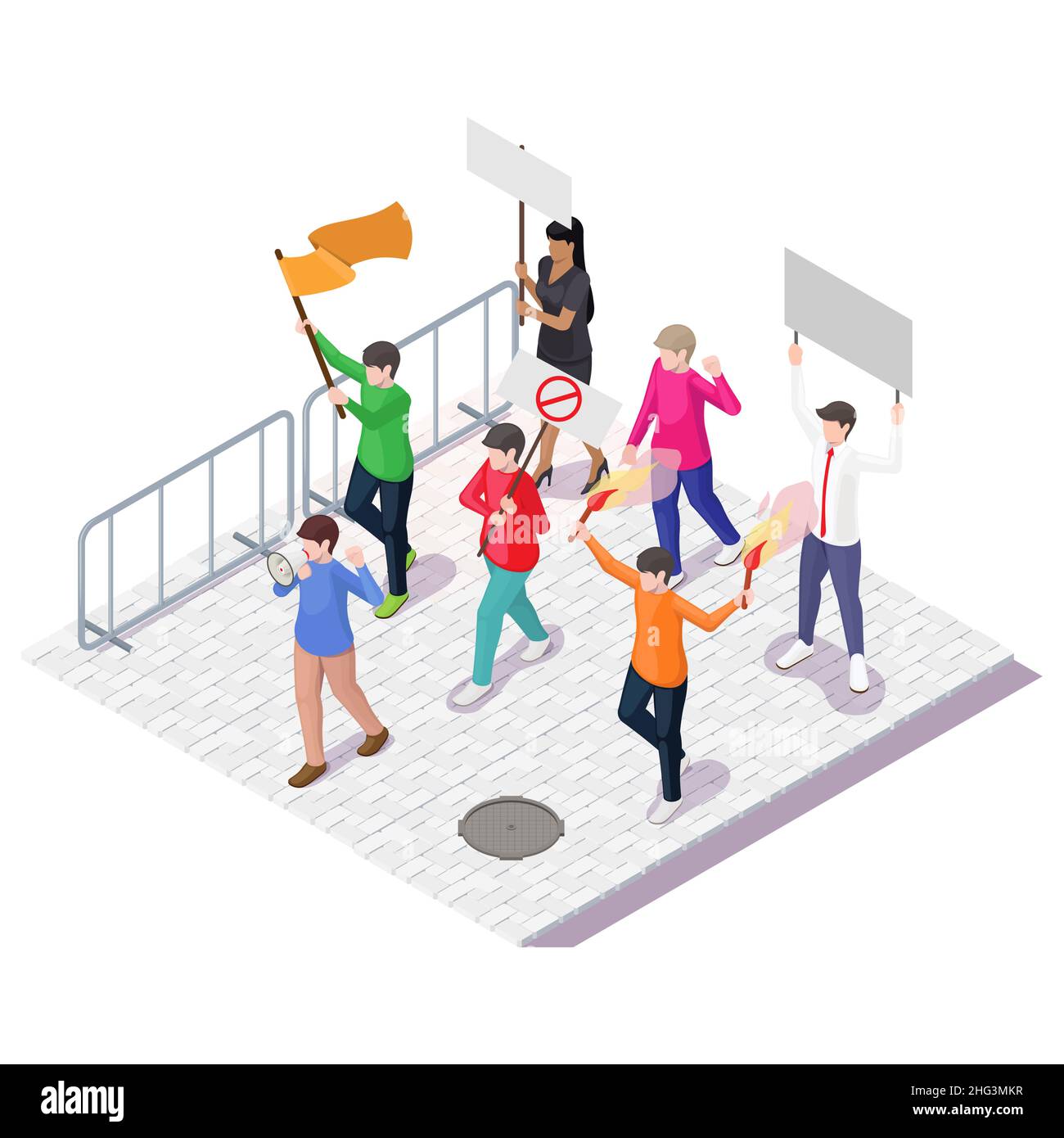 People with placards, flags, megaphone, vector isometric illustration. Protest, demonstration, rally, picket, strike. Stock Vector