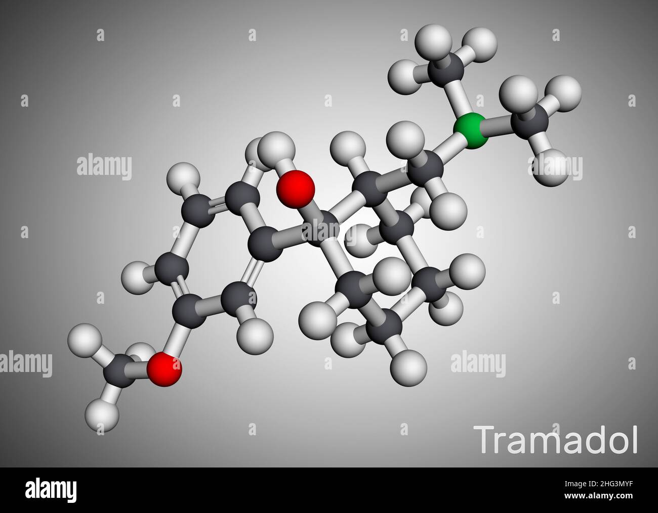 Tramadol molecule. It is synthetic psychotropic opioid analgesic, used for the therapy of severe pain. Molecular model. 3D rendering. Illustration Stock Photo