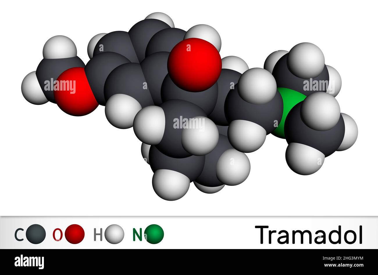 Tramadol molecule. It is synthetic psychotropic opioid analgesic, used for the therapy of severe pain. Molecular model. 3D rendering. Illustration Stock Photo