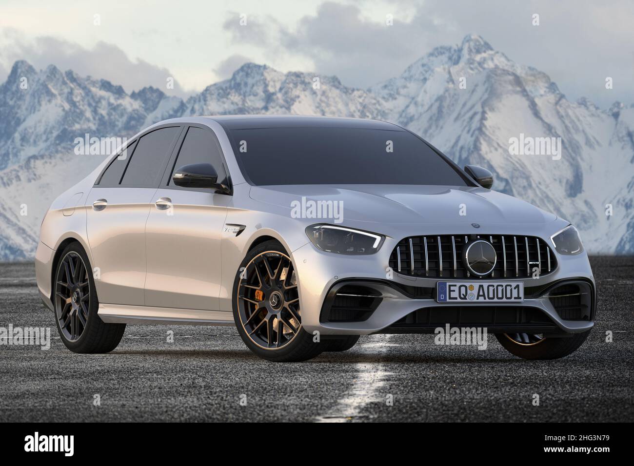 Mercedes-AMG E-Class against a backdrop of mountains Stock Photo