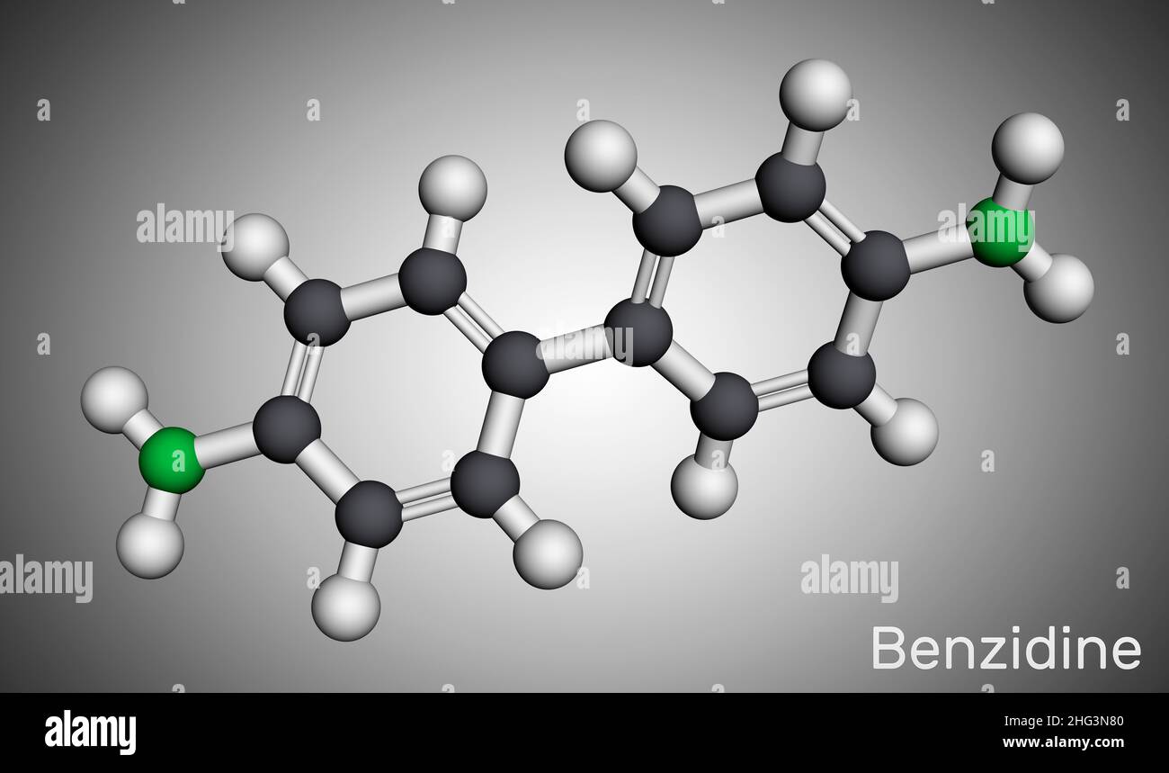 Benzidine molecule. It is aromatic amine, used for the detection of blood and as a reagent in the manufacture of dyes. Molecular model. 3D rendering. Stock Photo