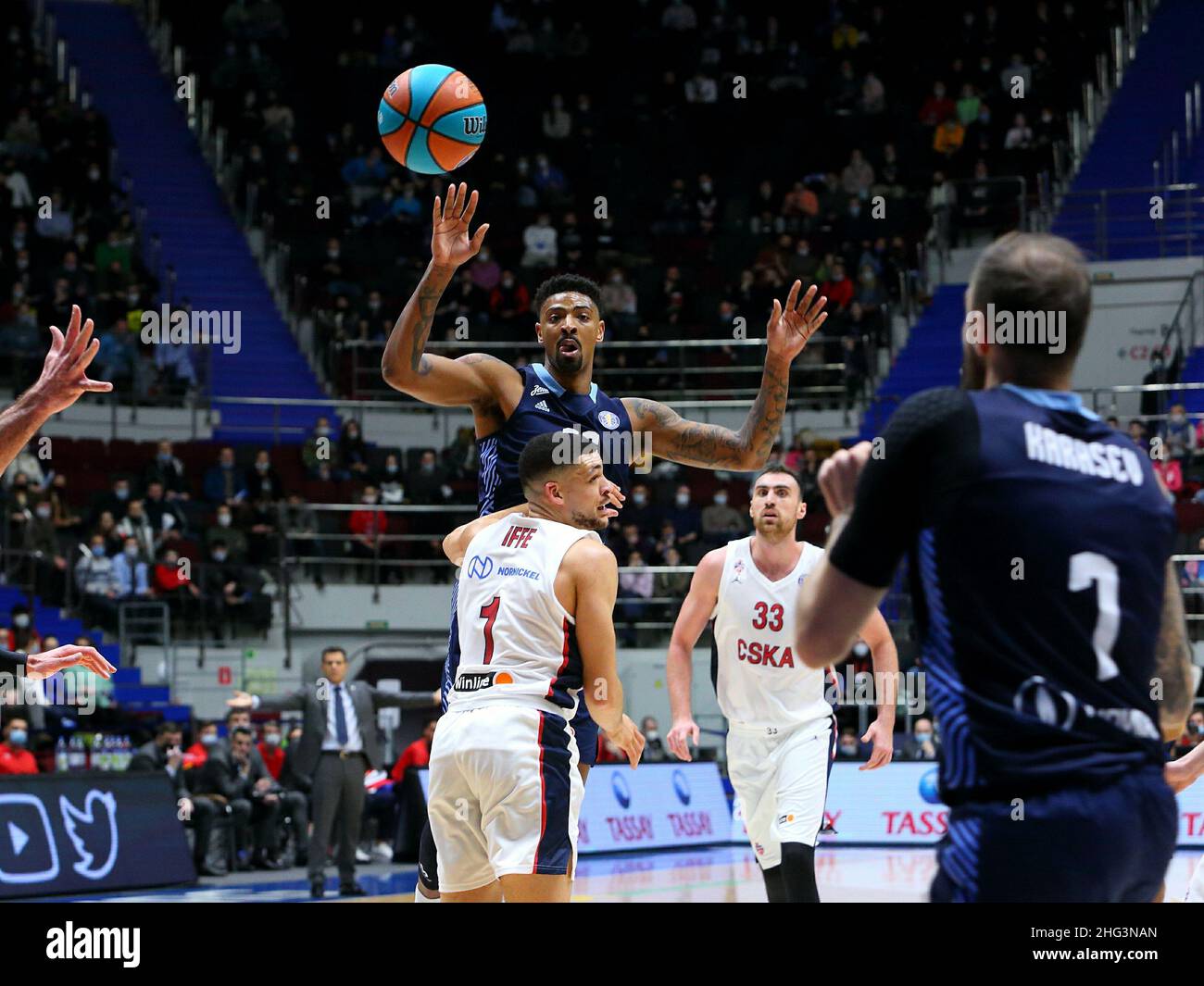 Moscow, Russia. 08th Apr, 2021. Iffe Lundberg, #1 of CSKA Moscow plays  against LDLC Asvel Villeurbanne during the Turkish Airlines EuroLeague  Round 34 of 2020-2021 season at Megasport Arena. (Final Score; CSKA