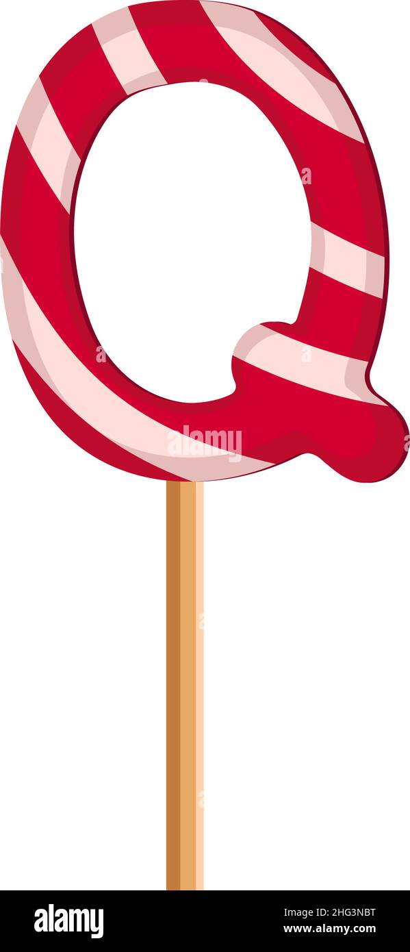 Letter Q from striped red and white lollipops. Festive font or decoration for holiday or party. Vector flat illustration Stock Vector