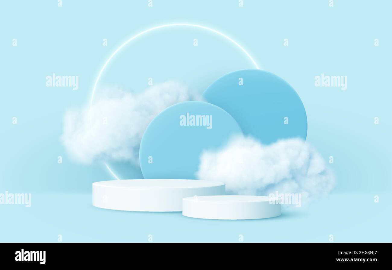 3d realistic podium product and smoke clouds. Blue and white 3d render scene with product podium display and clouds. Vector illustration Stock Vector