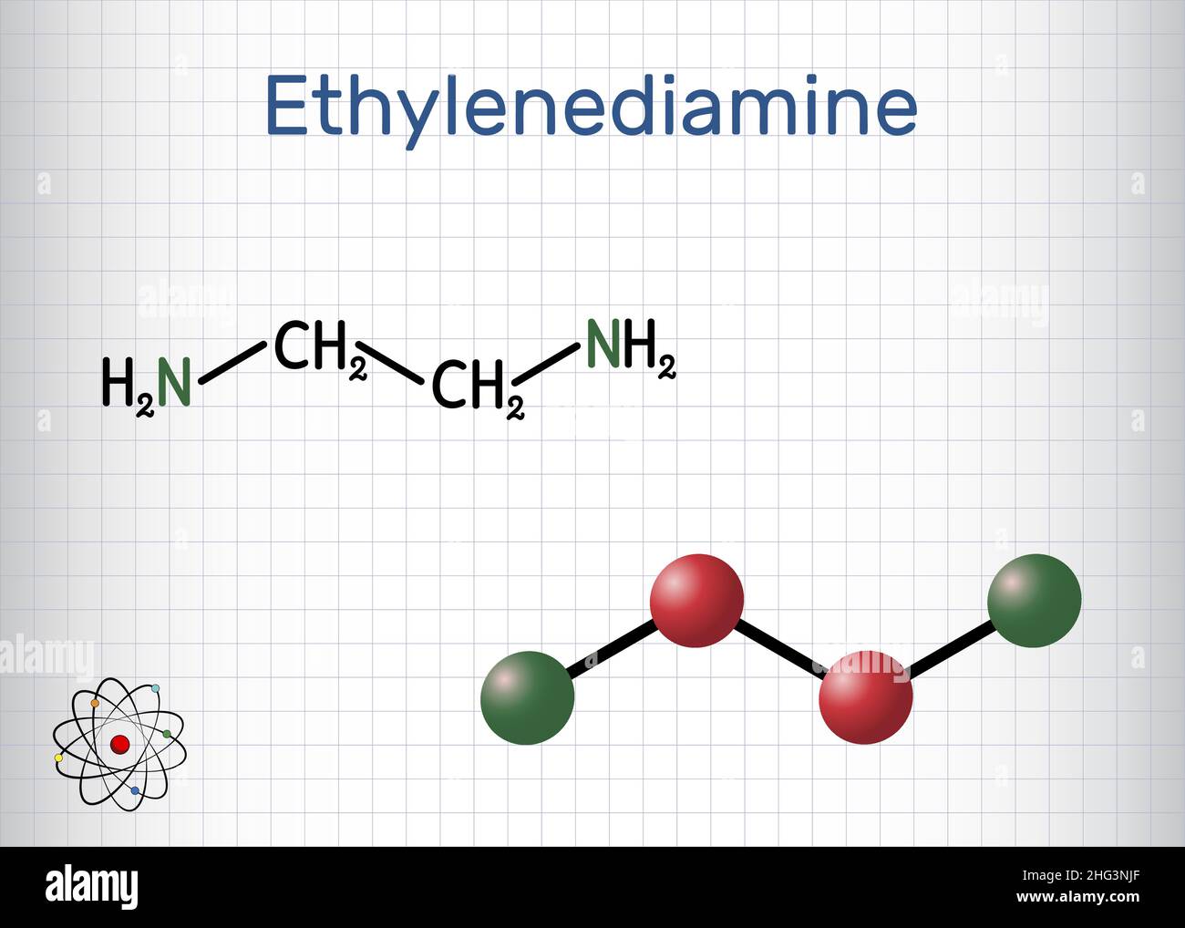 Ethylenediamine C2H8N2 molecule. It is basic amine, polyethylene amine, building block production of chemical products. Structural formula, molecule m Stock Vector