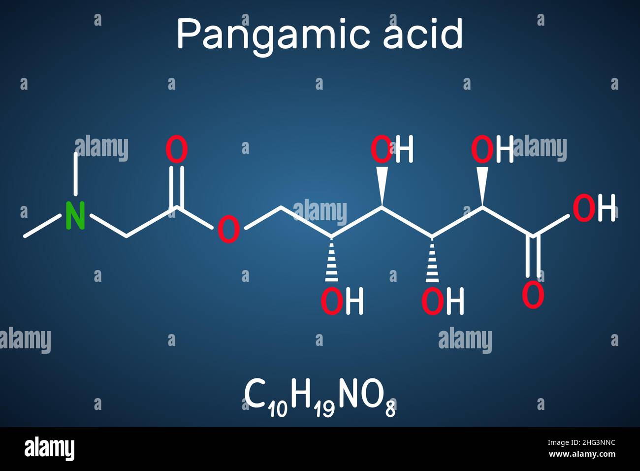 Pangamic acid, pangamate molecule. It is vitamin B15, ester derived from gluconic acid and dimethylglycine. Structural chemical formula on the dark bl Stock Vector