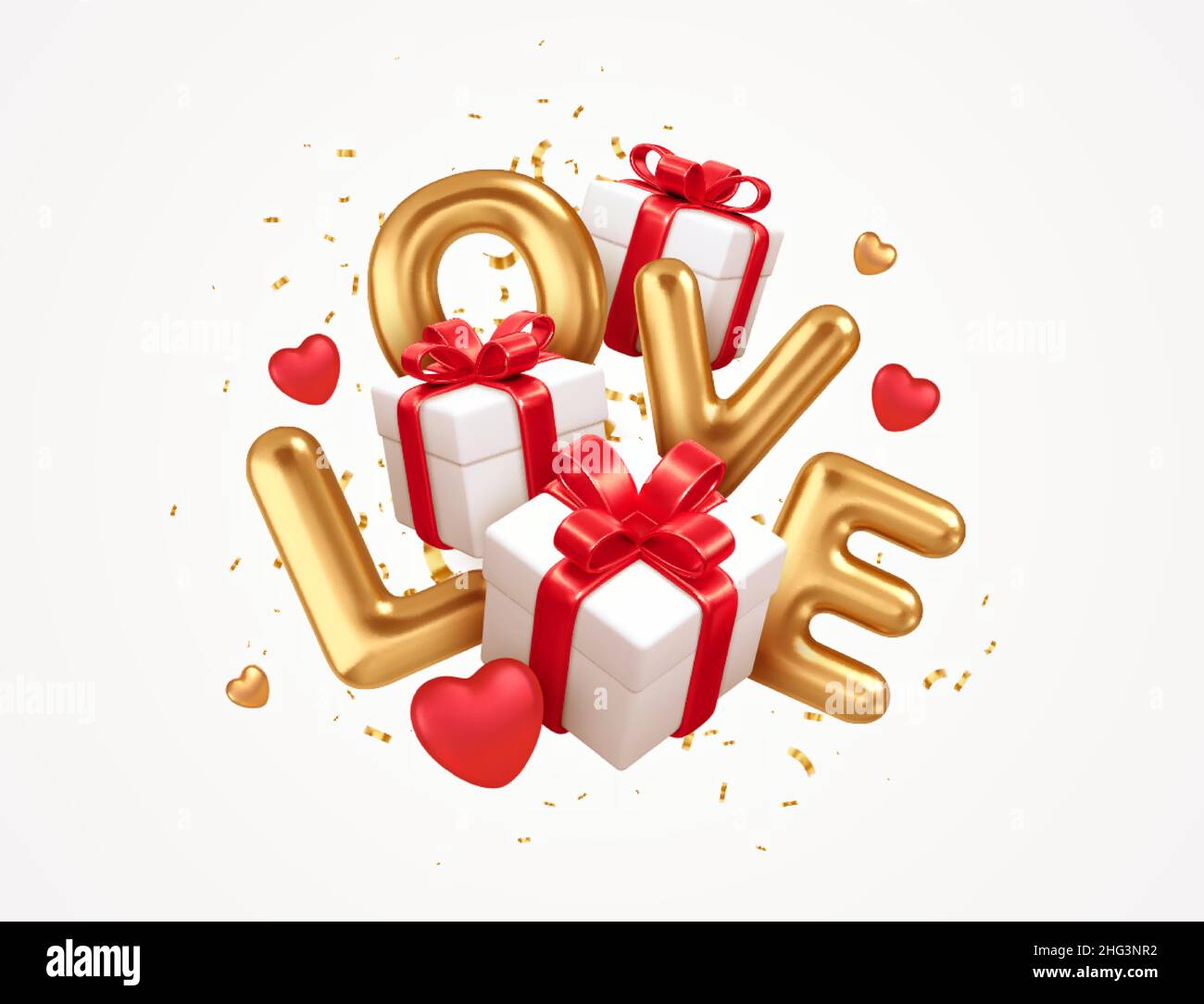 3D Valentines Day gift boxes with red bows. Gold word Love 3D realistic ...