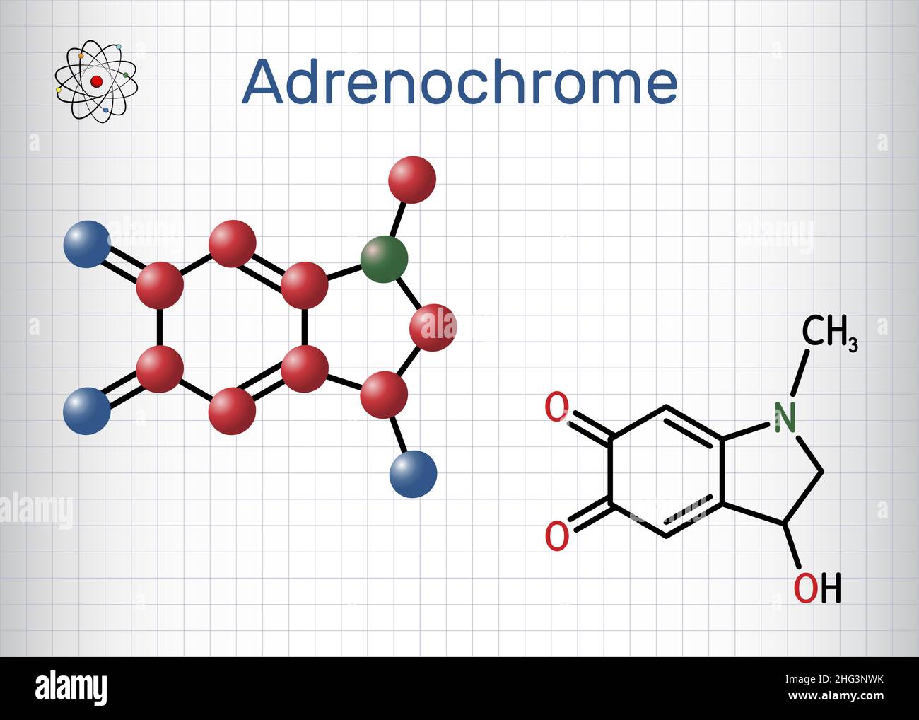 Adrenochrome, adraxone molecule. It is produced by the oxidation of adrenaline. Structural chemical formula and molecule model. Sheet of paper in a ca Stock Vector