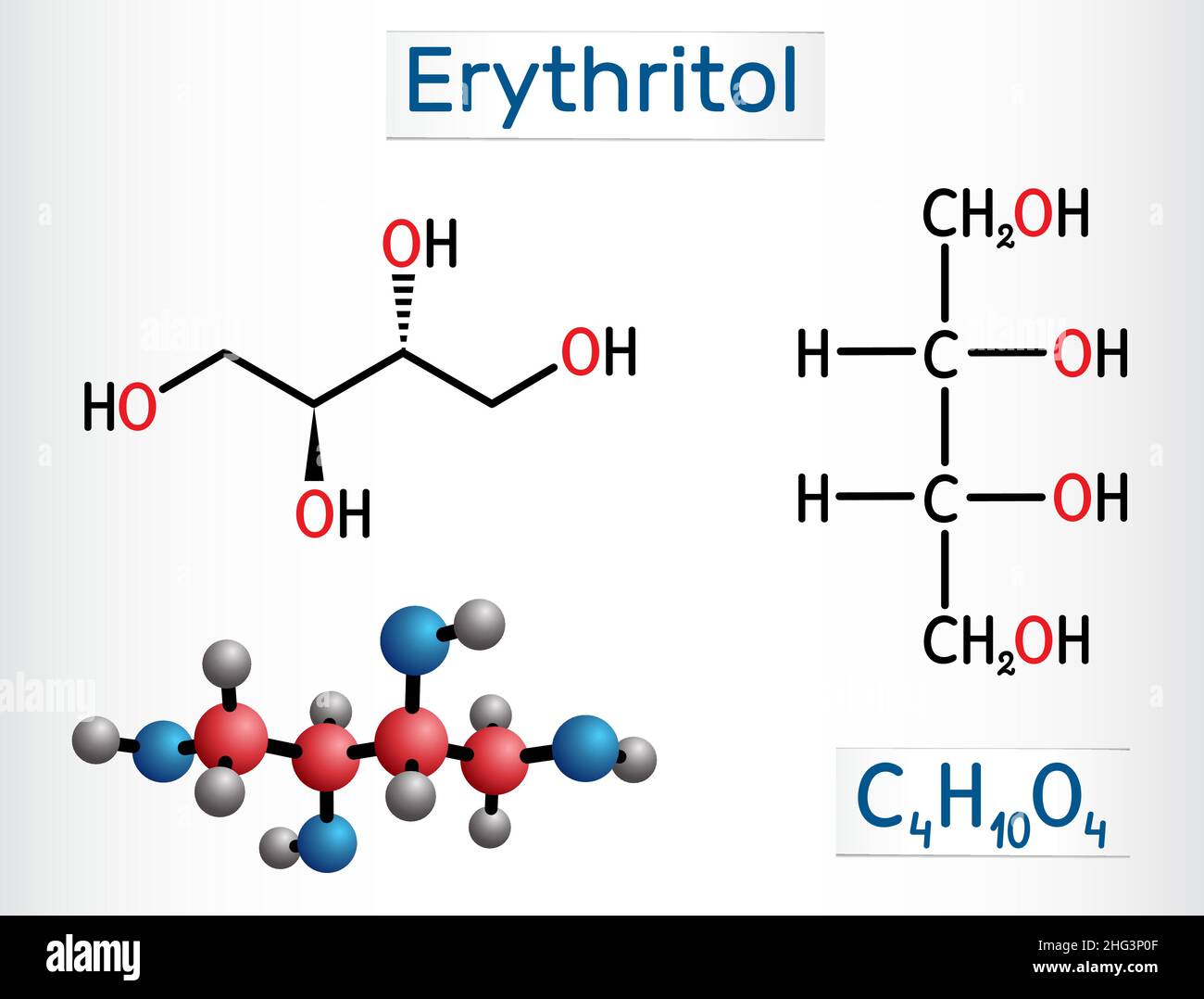 Erythritol molecule. It is sugar alcohol or polyol, food additive, sugar substitute, E968, Is found in algae, fungi, lichens. Structural chemical form Stock Vector
