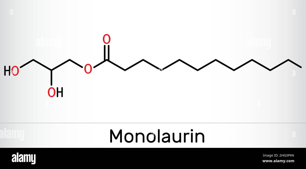 Monolaurin, glycerol monolaurate, glyceryl laurate molecule. It is monoglyceride and dodecanoate, used as a surfactant in cosmetics. Skeletal chemical Stock Vector