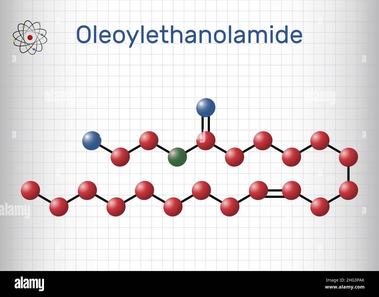 Oleoylethanolamide, oleoyl ethanolamide, OEA molecule. It is ethanolamide of oleic acid, monounsaturated analogue of endocannabinoid anandamide. Molec Stock Vector