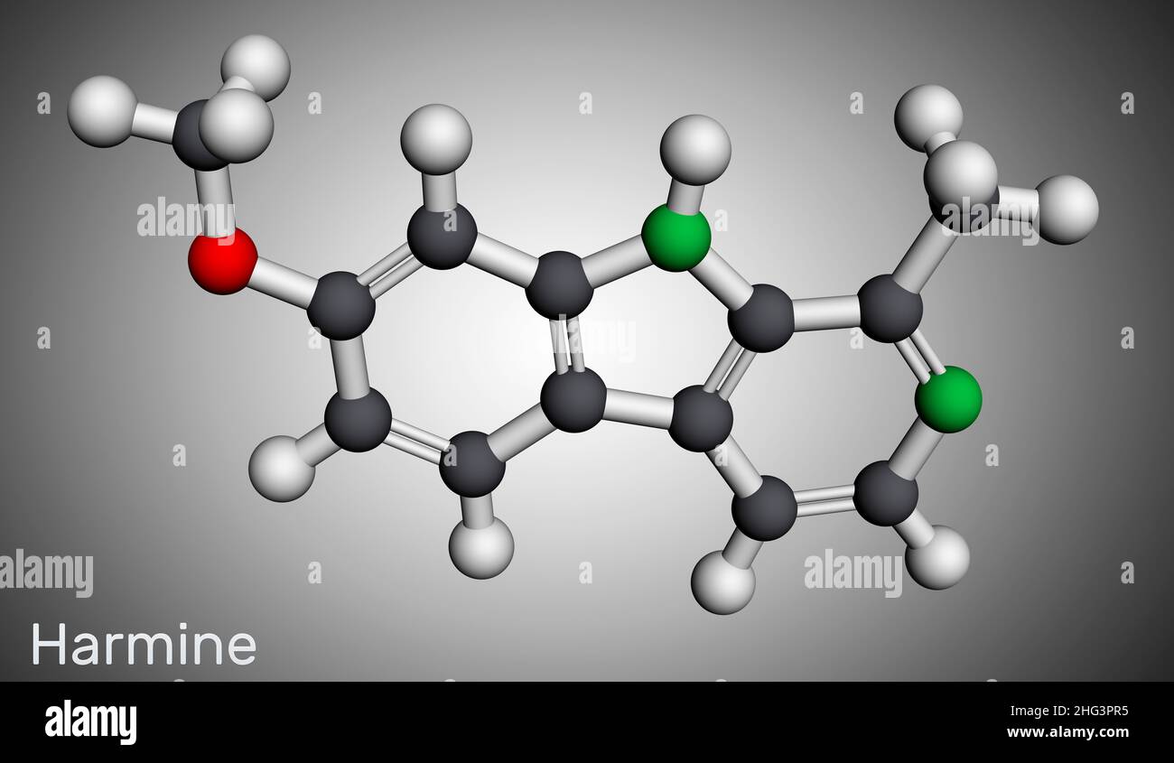 Harmine molecule. It is fluorescent harmala alkaloid, inhibits monoamine oxidase A, MAO-A. Molecular model. 3D rendering. Illustration Stock Photo