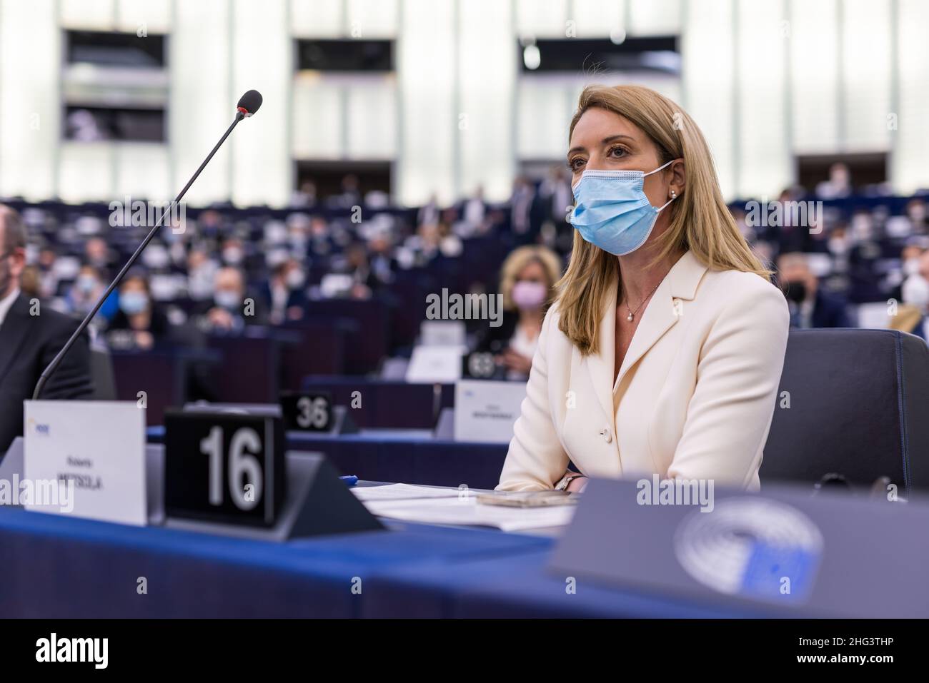 18 January 2022, France, Straßburg: Roberta Metsola (Partit Nazzjonalista), EPP Group, sits in the European Parliament building. The candidates for the election of the new EU Parliament President introduce themselves in the EU Parliament. Afterwards, the first ballot takes place. Photo: Philipp von Ditfurth/dpa Stock Photo